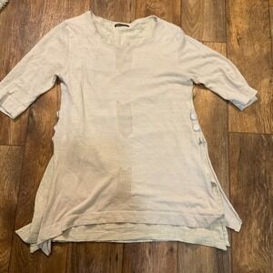 John Fashion 100% Linen Blouse Small 3/4 Sleeve Lagenlook Layered Hem Side Slits